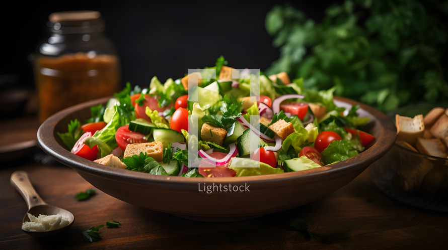 Abstract art. Colorful painting art of an exquisite plate of food. Fattoush salad with lettuce, tomatoes, cucumbers and herbs.