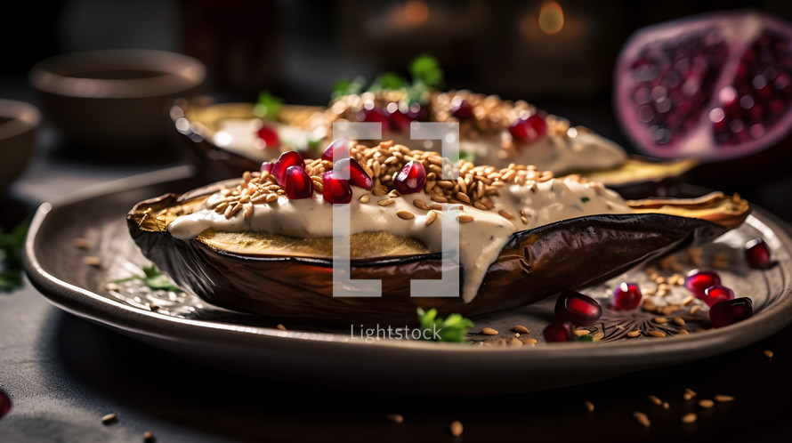 Abstract art. Colorful painting art of an exquisite plate of food. Roasted eggplant with tahini.