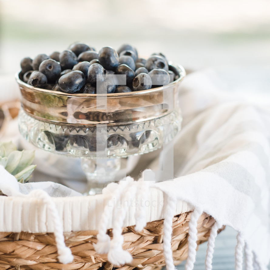 blueberries in a silver bowl and basket 