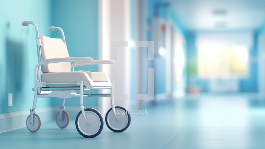 Empty wheelchair in a bright, clean hospital corridor with a soft focus background, symbolizing healthcare, patient care, and medical facilities.