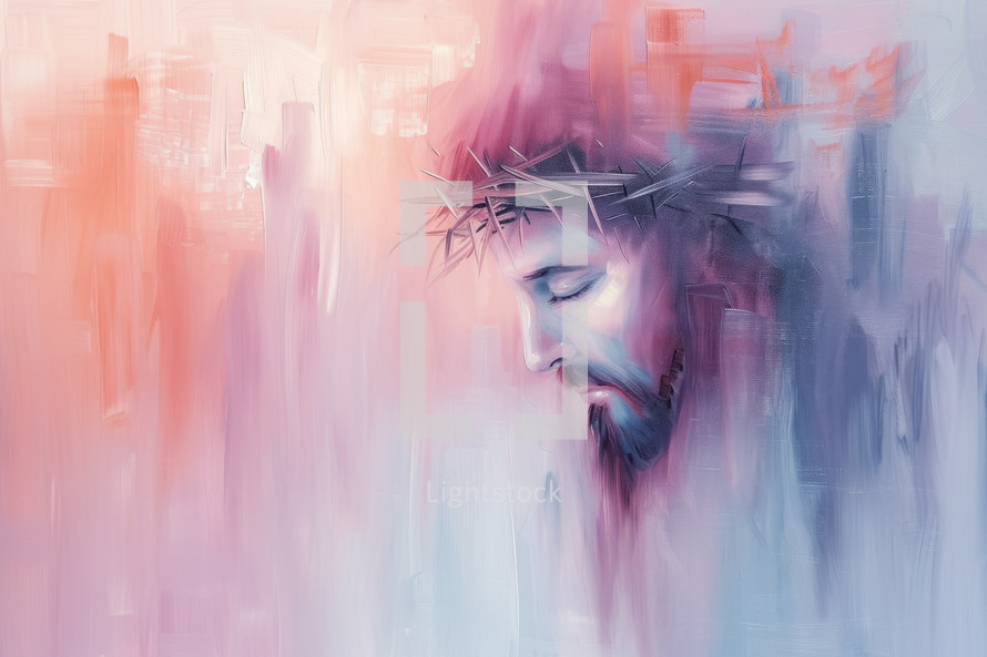 Watercolor style painting of Jesus with a crown of thorns, his face marked by a serene yet sorrowful expression against a washed pastel backdrop.