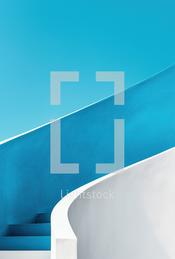 Minimalist architectural image featuring a white curved staircase against a vibrant blue wall and clear sky, symbolizing simplicity, modern design, and serenity.