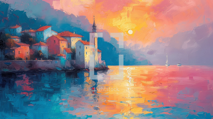 Coastal landscape painting capturing a sunset with vivid pink and orange hues reflecting on water near a quaint village.