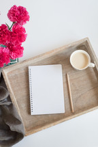 notebook, journal, vase, pencil, coffee, fresh picked, flowers, wildflowers, white background 