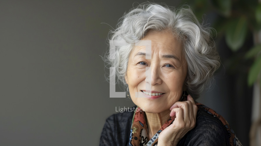 Elegant Asian senior woman with a joyful smile.