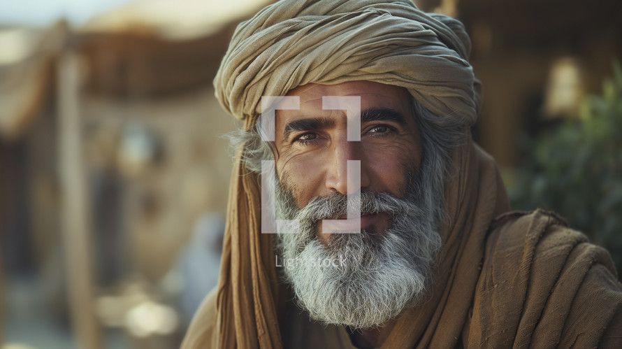Portrait of an older man with a warm smile, reminiscent of the biblical patriarch Abraham.