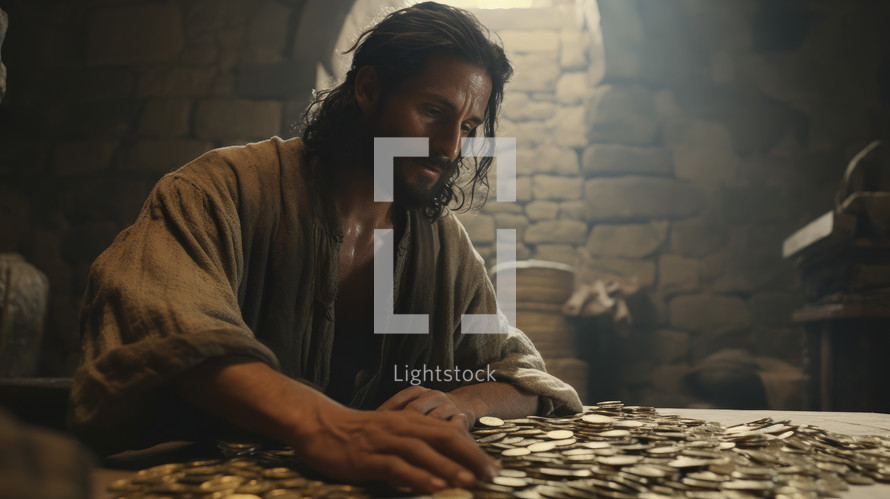 Portrait of Matthew counting the tax money in a payhouse in Capernaum. Christian illustration. 