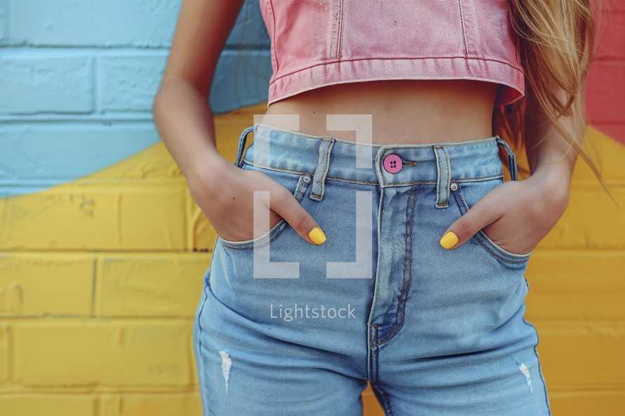 Midsection of a person in denim jeans and pink top against a colorful background.