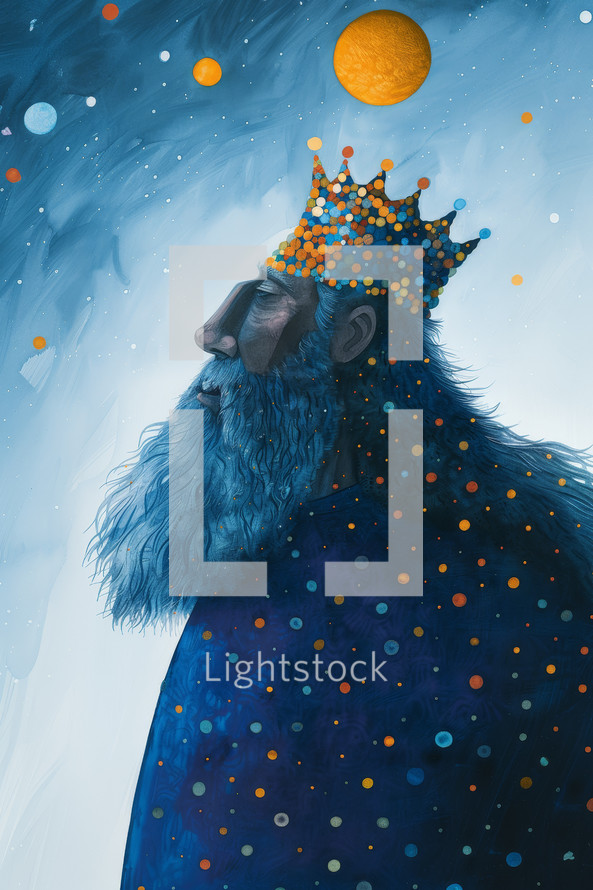 Artistic interpretation of King Solomon with a wisdom-inspired cosmic crown and beard, set against a starry sky.