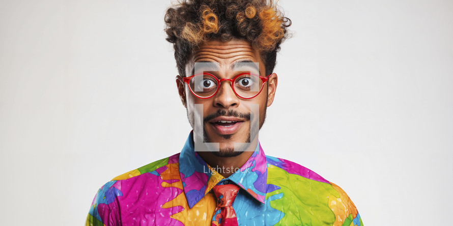 Quirky young man with curly hair, wearing colorful shirt and red glasses, giving a surprised look on a white background.