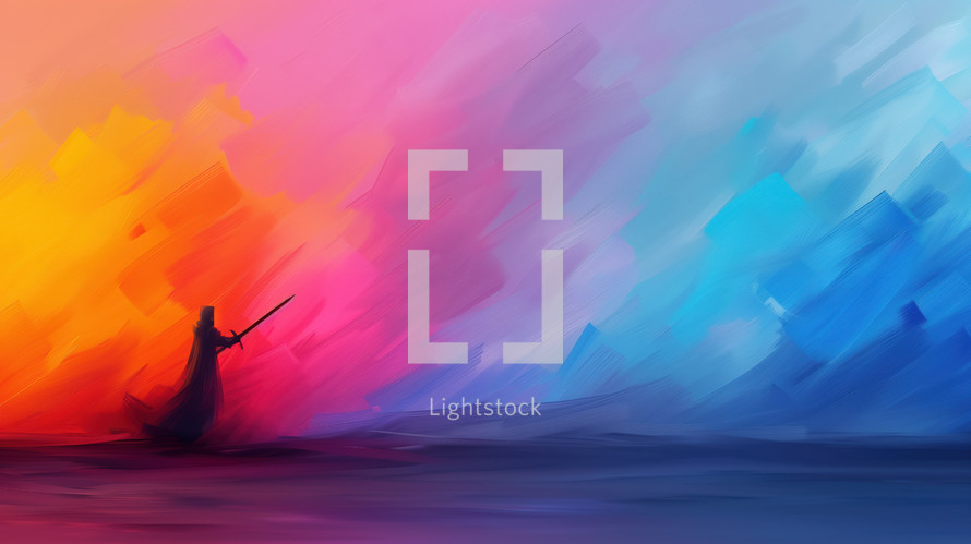 Abstract painting of a lone warrior holding a sword against a vibrant gradient background, transitioning from warm orange and pink to cool blue hues, symbolizing spiritual warfare and faith.