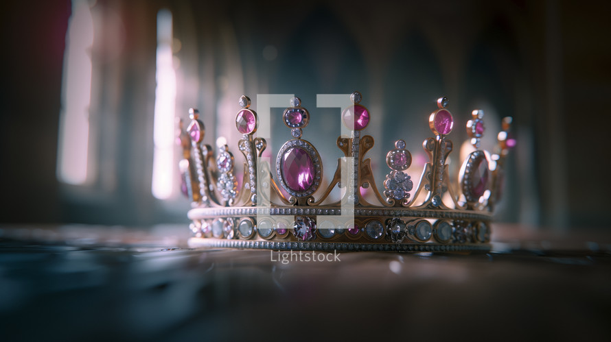 Opulent crown reminiscent of King David's era, with purple jewels representing royalty, set against a sacred backdrop.