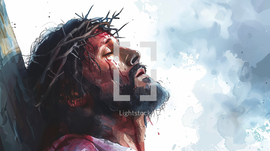 An emotional portrayal of Jesus with a crown of thorns, in a vivid watercolor style with a sense of light and shadow.