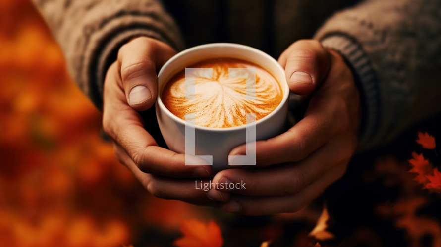 Hands holding a bowl of autumn pumpkin soup.