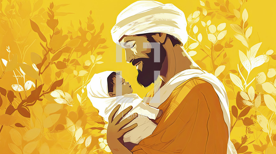 Colorful painting art portrait of a father holding his son in his arms. Abraham and Isaac. Joseph and Jesus. Yellow background.