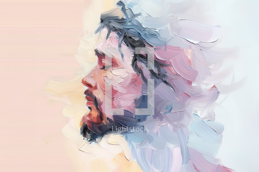 Impressionist painting of Jesus with a crown of thorns, depicted in soft pastel colors, emanating a sense of peace and sacrifice.