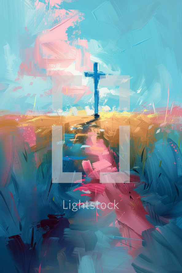 Abstract impressionistic painting of a cross on a colorful path, evoking the journey to Calvary.