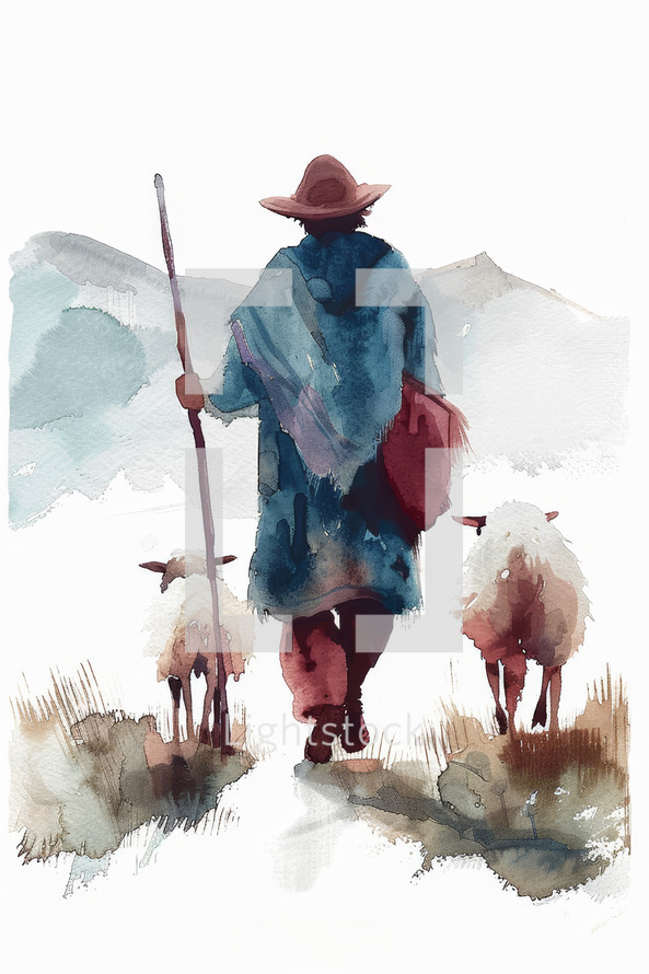 A shepherd depicted in watercolor, reminiscent of Psalm 23, with sheep in a tranquil pastoral setting.