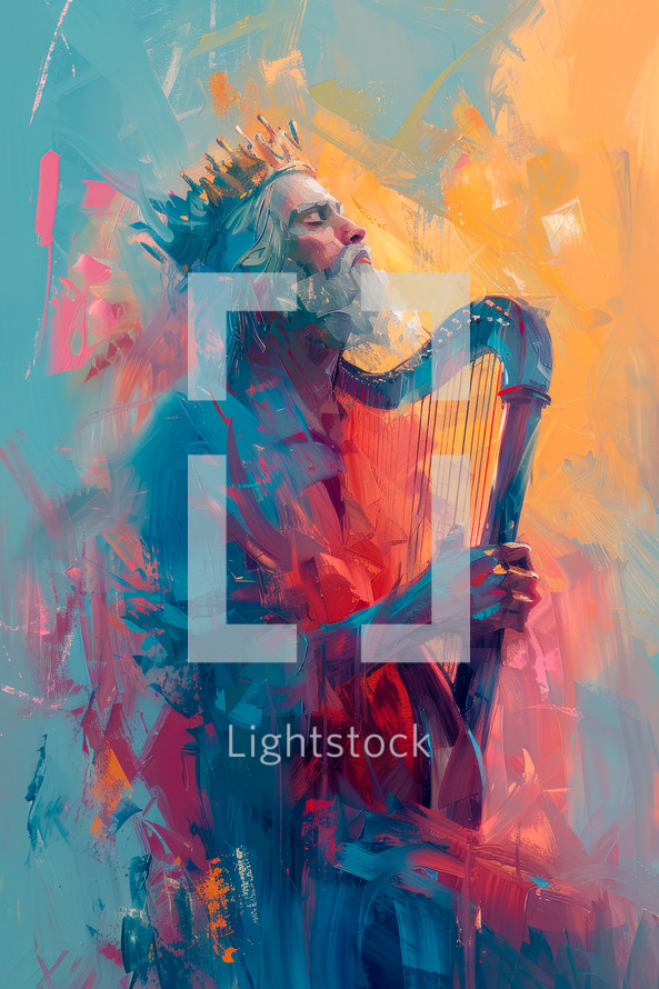 Expressive digital painting of King David playing a harp, with a rich, vivid color palette and abstract style.
