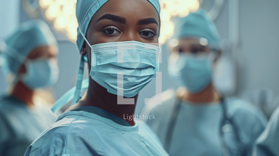Confident African American surgeon with team in the background.