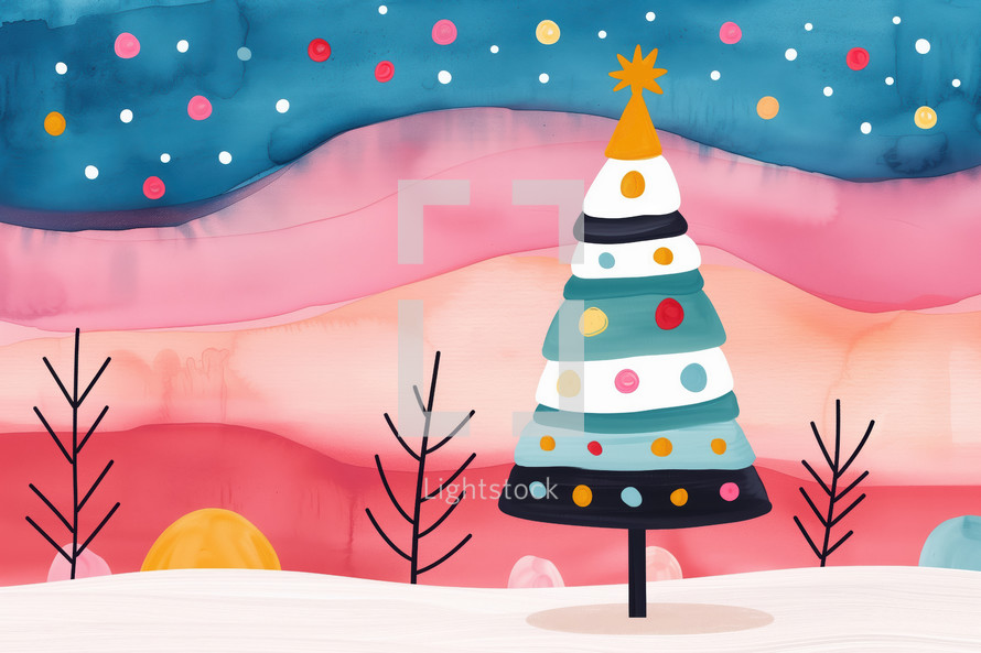 Colorful abstract Christmas tree in a whimsical winter landscape, featuring bold patterns and a vibrant sky, capturing a modern, playful holiday theme.