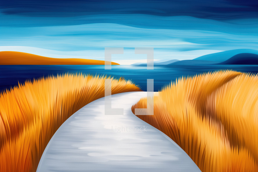 Stylized coastal scene featuring a winding path leading through golden grasses towards a serene blue ocean, with hills in the distance under a clear sky.