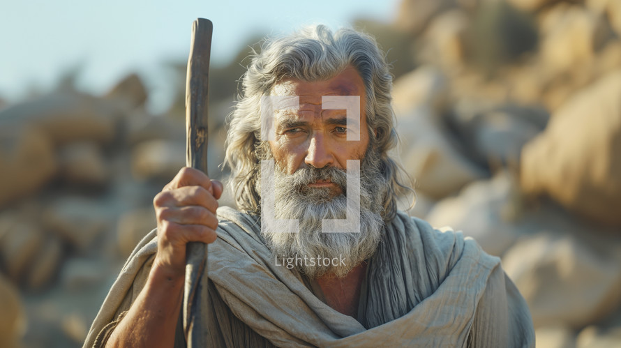 A determined figure resembling the biblical Moses with a staff, set against a rocky backdrop, portrayed in a photorealistic style.