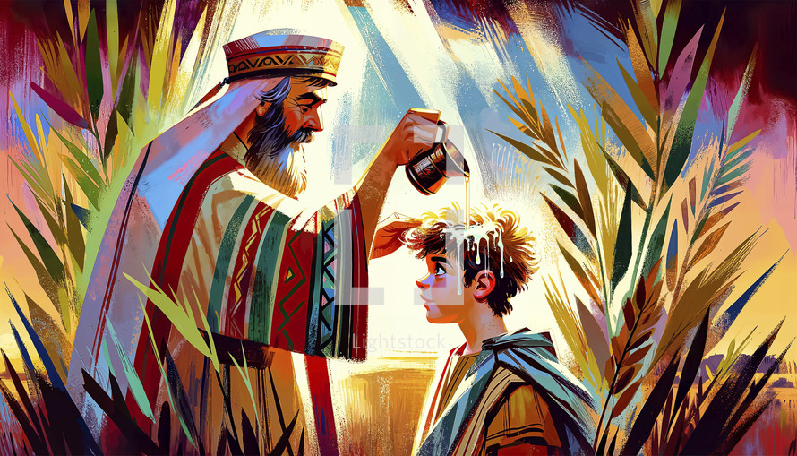 Vibrant illustration of the biblical event where Samuel anoints David as king, set against a pastoral field backdrop.