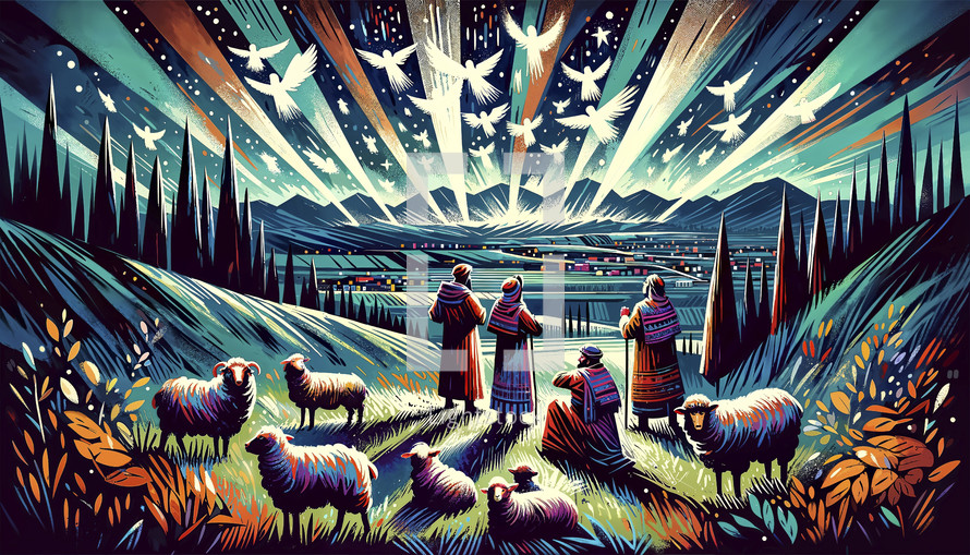 Multi colored illustration of Nativity shepherds and angelic hosts.