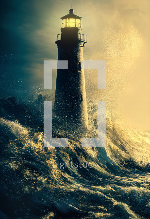 Lighthouse concept. Colorful art of a lighthouse in stormy sea with huge waves. Digital art image.