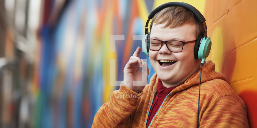 Happy young man with Down syndrome enjoying music on his headphones, feeling the rhythm against a colorful mural.