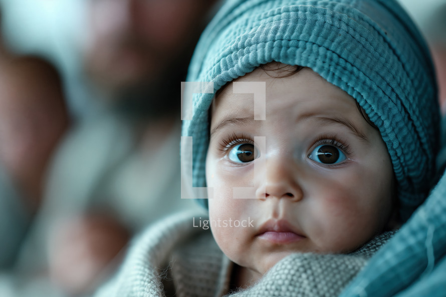 Close-up of a baby with expressive eyes, wrapped in a soft blanket and wearing a blue knitted hat, evoking a peaceful and tender mood.