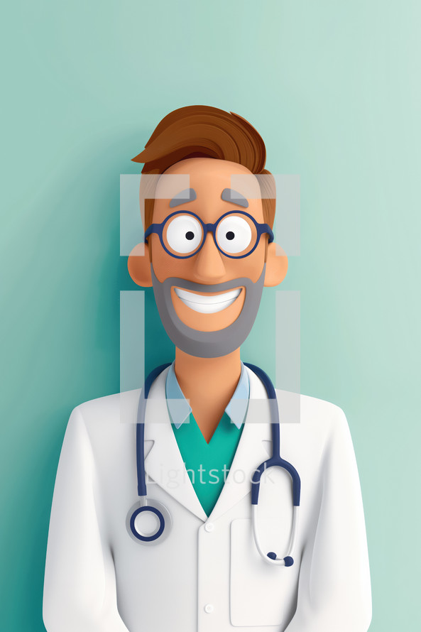 Illustration of a smiling male doctor with glasses, wearing a white coat and stethoscope, set against a light green background. Ideal for healthcare, medical advice, and promotional materials.