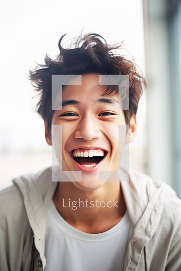 Portrait of young asian man expressing positive emotions.