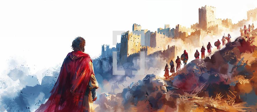 Evocative scene of Joshua overlooking Jericho, poised for the historic battle.