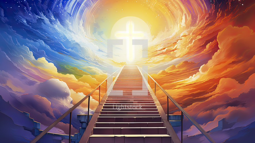 Stairway leading up to heaven toward the cross. Christian illustration. 