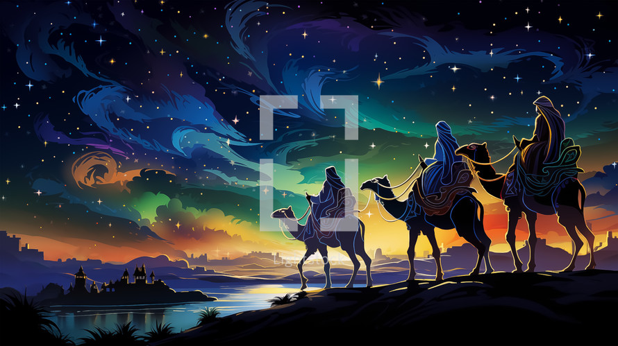 Wise men ride camels to follow the Star of Bethlehem. Nativity scene concept. Christian illustration. 