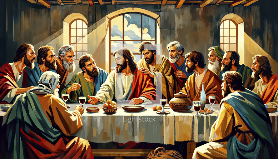 Illustration of the Last Supper with Jesus and disciples, Biblical scene, religious artwork.