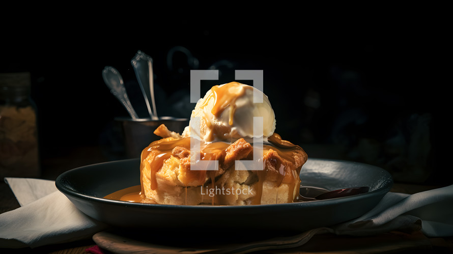 Abstract art. Colorful painting art of an exquisite plate of food. Apple Cobbler with Ice Cream and Caramel Sauce.