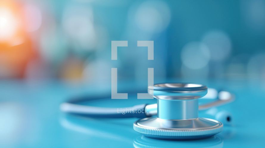 Close-up of a stethoscope on a reflective blue surface with a soft focus background, symbolizing healthcare, diagnostics, and medical tools. Ideal for health-related designs.