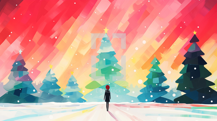 Modern minimalist illustration of a colorful Christmas winter landscape with a person admiring decorated trees under a snowfall.