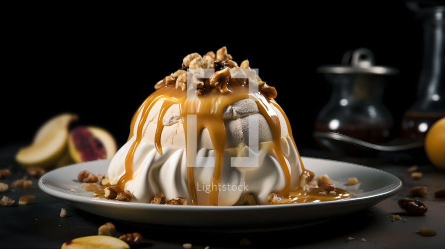 Abstract art. Colorful painting art of an exquisite plate of food. Baked Alaska with caramel sauce and candied nuts.