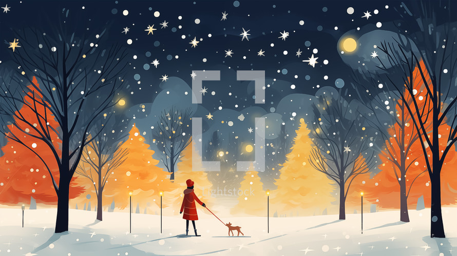 A serene winter landscape featuring a woman in a red coat walking her dog among snow-covered trees under a starry night sky.
