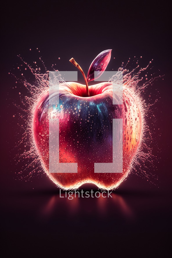 Abstract art. Colorful painting art of a glowing apple surrounded by water splashes. Background illustration. Digital art image.