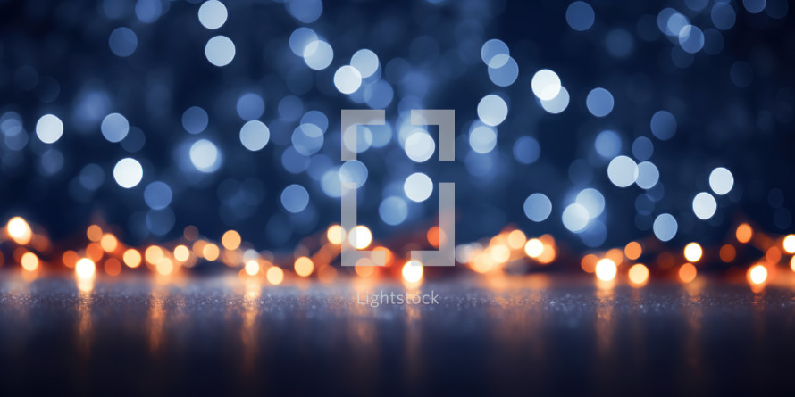 Christmas background with abstract glitter lights and garland bokeh.