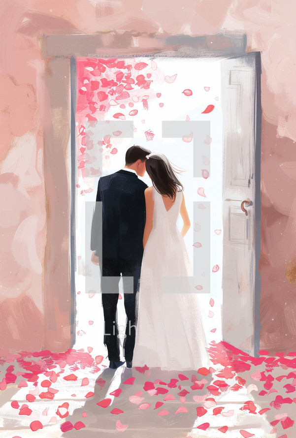 A romantic illustration of a bride and groom walking hand in hand through a doorway with falling rose petals, symbolizing love, commitment, and a new journey together.