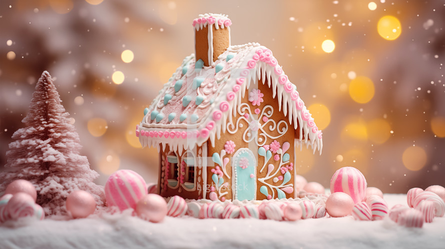 Christmas gingerbread house with glitter light bokeh background.