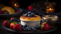 Abstract art. Colorful painting art of an exquisite plate of food. Creme brulee with fresh berries and a shortbread cookie.