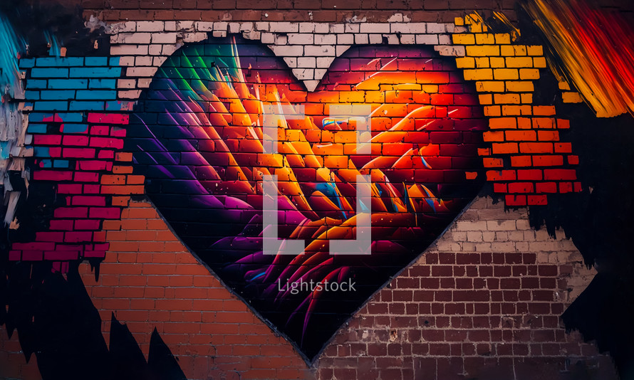 Colorful AI art of graffiti heart on wall