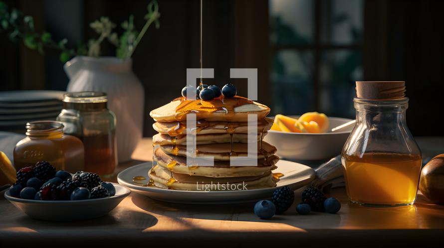 Abstract art. Colorful painting art of an exquisite plate of food. Pancake stack with syrup and honey.